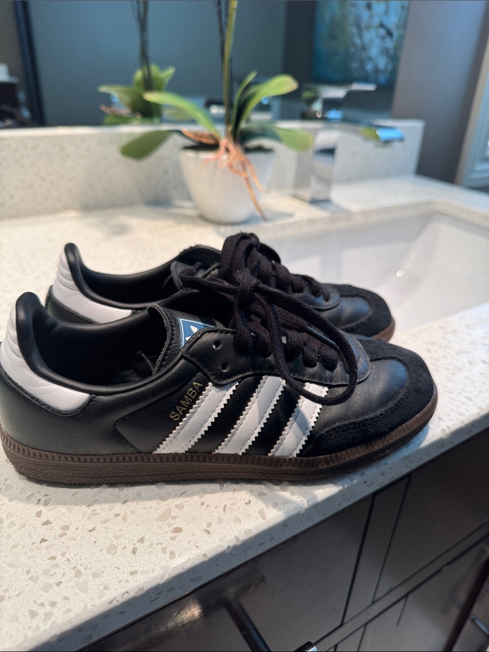 adidas Kids Black and White Samba Sneakers with Brown Sole